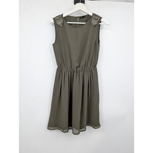 Zara Sleeveless Dress Small Embellished Shoulder Olive Green Office Career